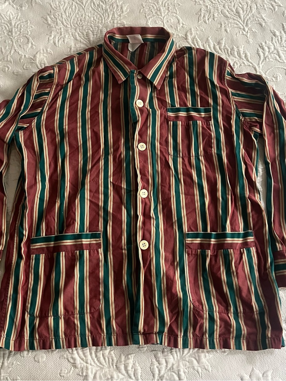 Vintage French Striped Shirt Jacket in Burgundy, Teal and Cream